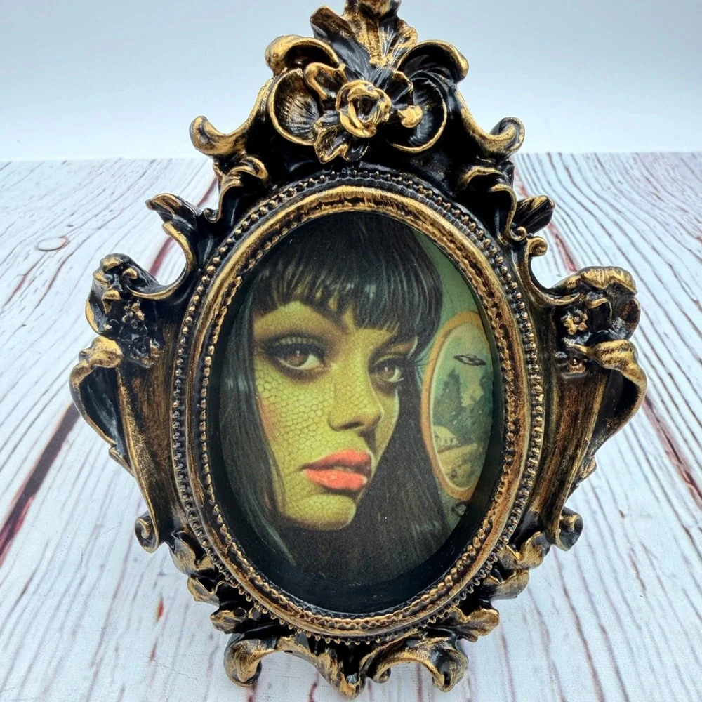 Vintage Style Reptilian Alien Woman Decoupage Art Print Ornate Resin Frame UFO